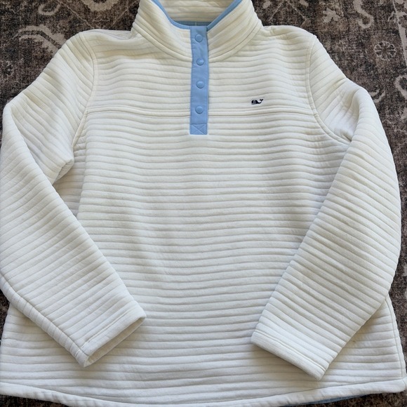 Vineyard Vines Sweaters - Vineyard Vines Women's Cream Quilted Pullover with Light Blue Trim